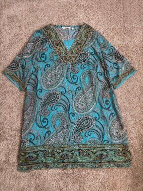 Soft Surroundings Tunic Dress Womens PL Turquoise Paisley Short Sleeve V-Neck